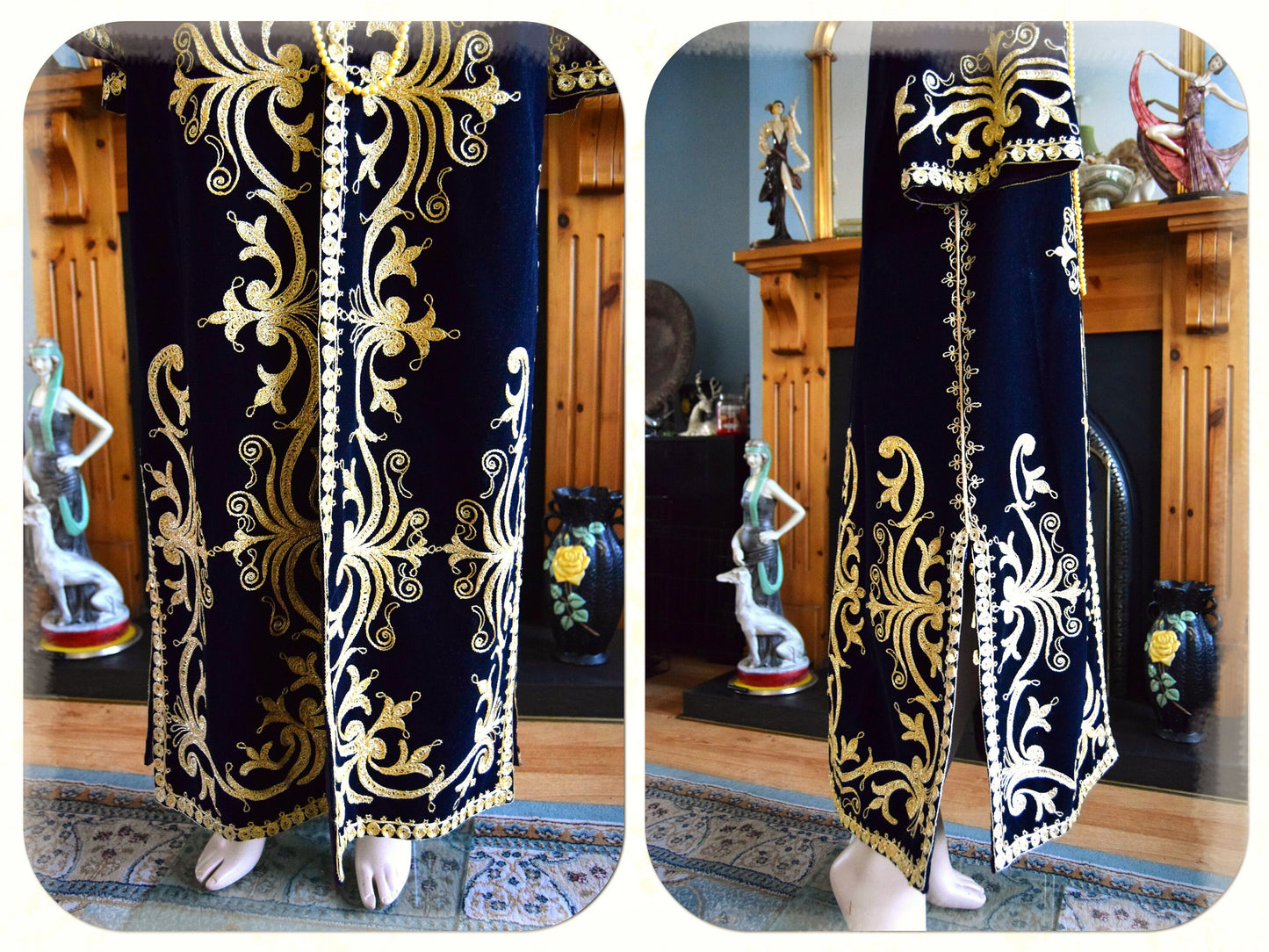 1970s original black persian velvet oriental coat bohemian long coat gypsy maxi coat boho velvet kaftan ethnic velvet robe size UK 12 US 8