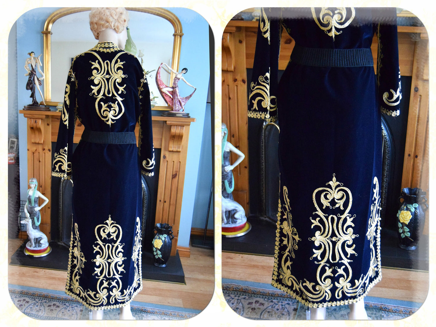 1970s original black persian velvet oriental coat bohemian long coat gypsy maxi coat boho velvet kaftan ethnic velvet robe size UK 12 US 8