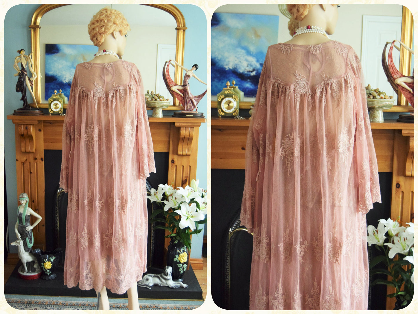 vintage 1920s kaftan dress bohemian gypsy hippy boho wedding Art Deco bride dusty pink wedding dress and size UK 16 18 US 12 14