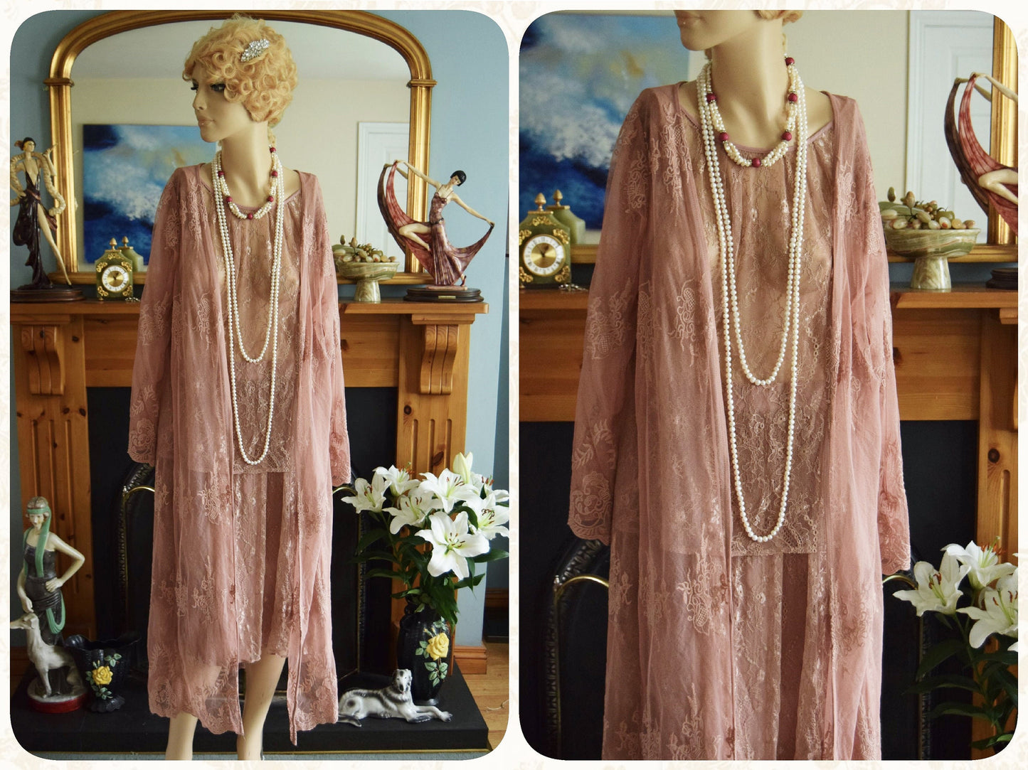 vintage 1920s kaftan dress bohemian gypsy hippy boho wedding Art Deco bride dusty pink wedding dress and size UK 16 18 US 12 14