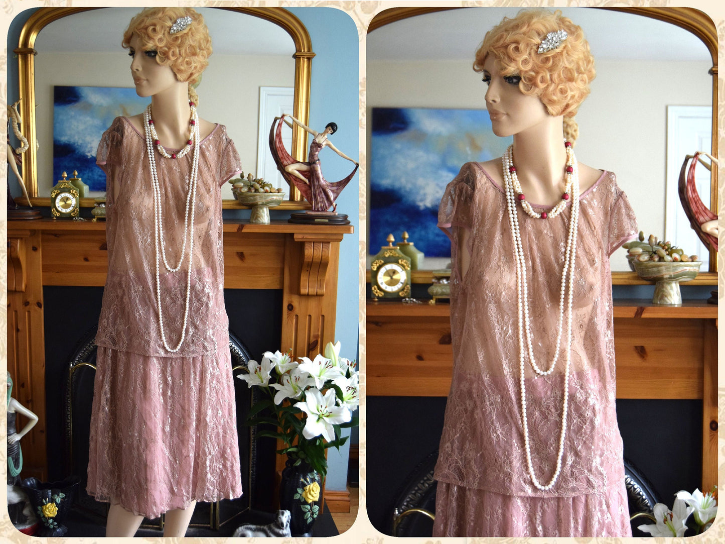 vintage 1920s kaftan dress bohemian gypsy hippy boho wedding Art Deco bride dusty pink wedding dress and size UK 16 18 US 12 14