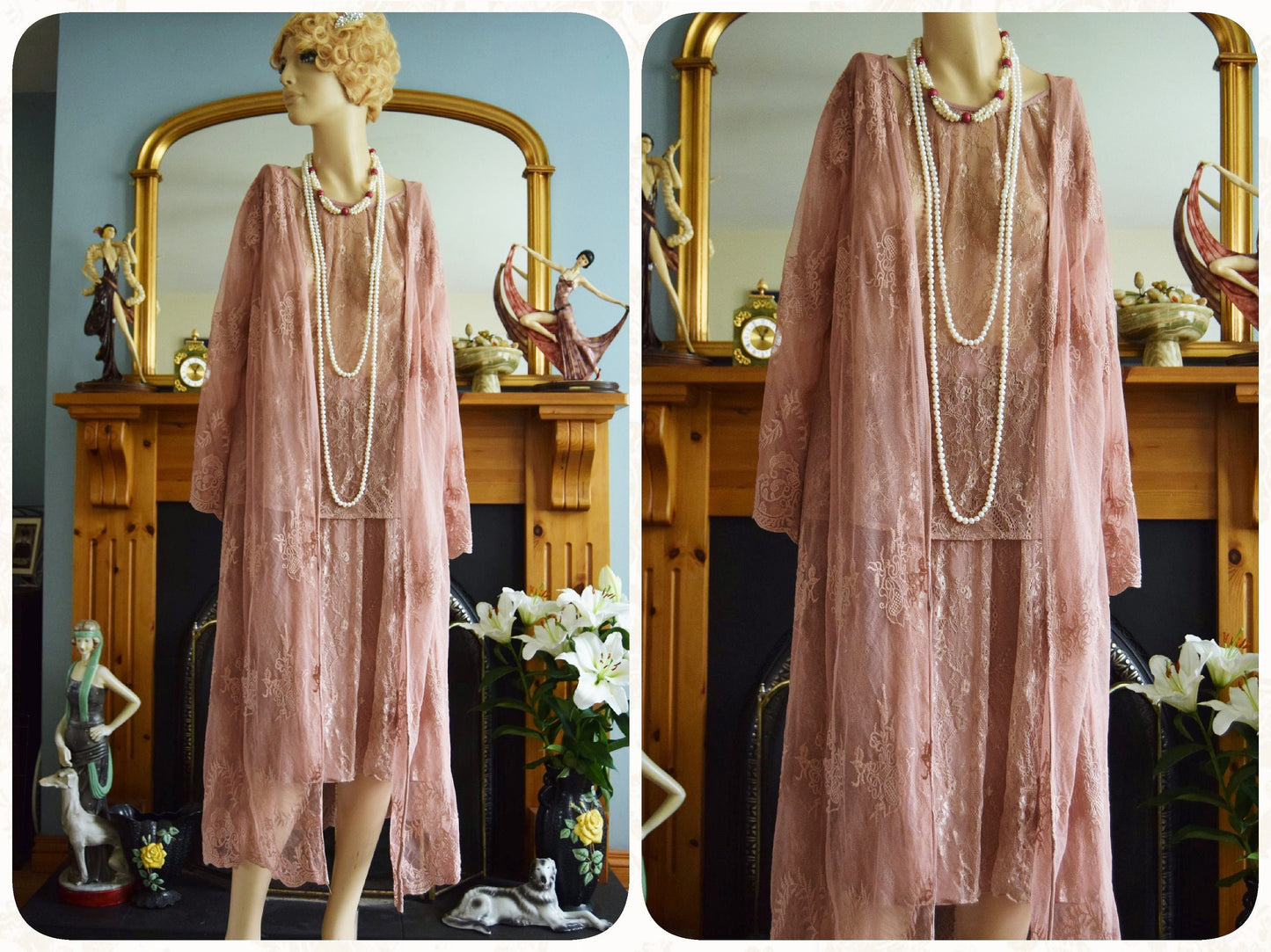 vintage 1920s kaftan dress bohemian gypsy hippy boho wedding Art Deco bride dusty pink wedding dress and size UK 16 18 US 12 14