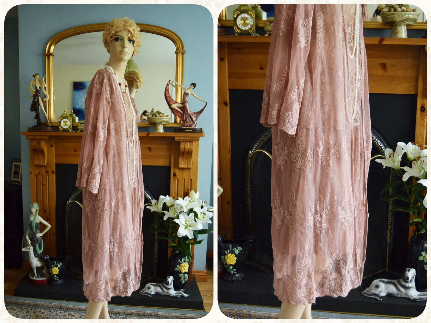 vintage 1920s kaftan dress bohemian gypsy hippy boho wedding Art Deco bride dusty pink wedding dress and size UK 16 18 US 12 14