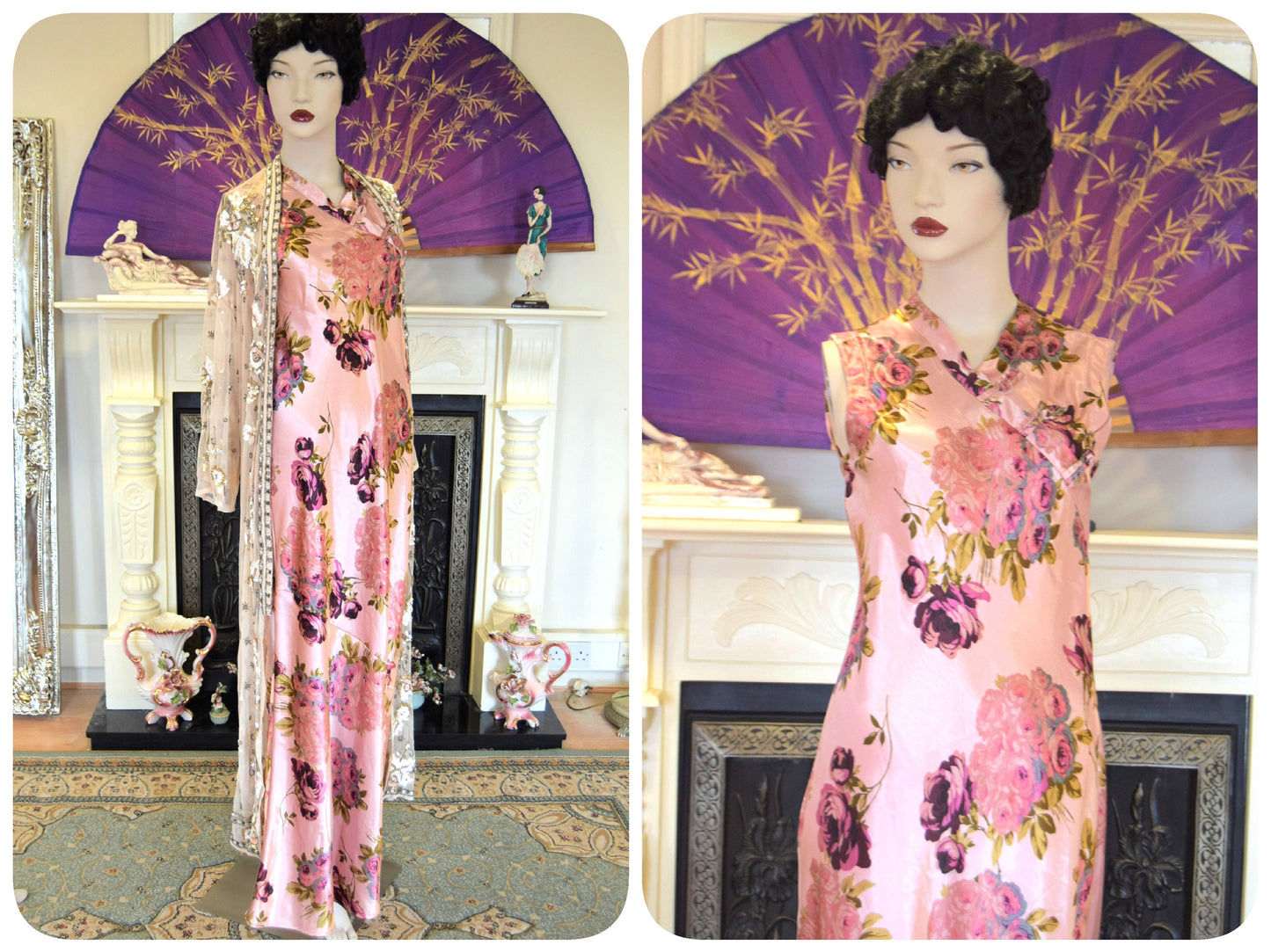 Oriental Silk Evening Gown Avant Garde Peach Pink Satin Floral Romantic liquid cocktail Down Dress Size UK 8 10 US 4 6