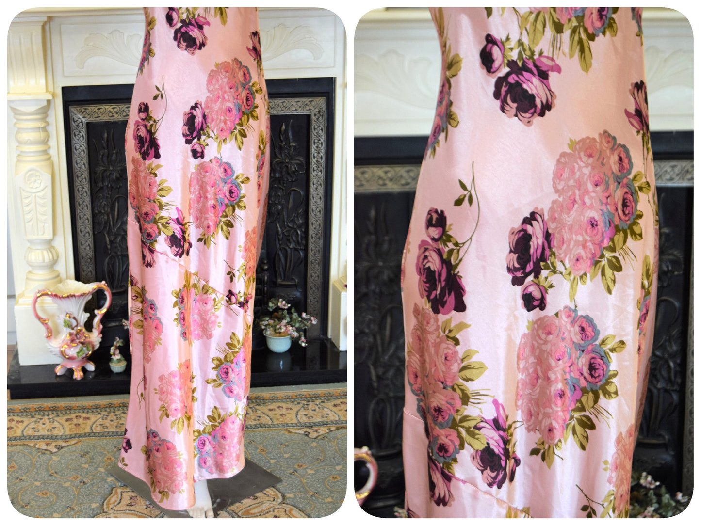Oriental Silk Evening Gown Avant Garde Peach Pink Satin Floral Romantic liquid cocktail Down Dress Size UK 8 10 US 4 6