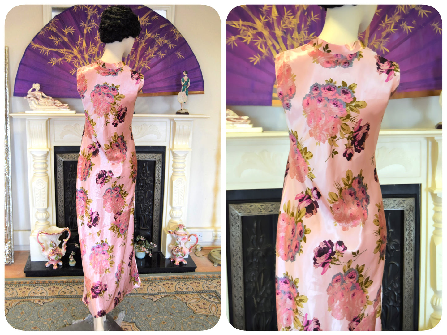 Oriental Silk Evening Gown Avant Garde Peach Pink Satin Floral Romantic liquid cocktail Down Dress Size UK 8 10 US 4 6