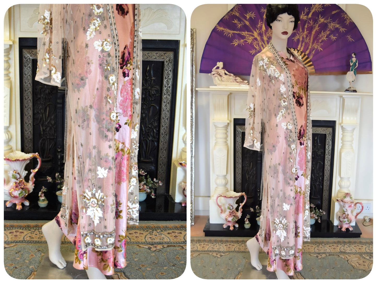 Oriental Silk Evening Gown Avant Garde Peach Pink Satin Floral Romantic liquid cocktail Down Dress Size UK 8 10 US 4 6