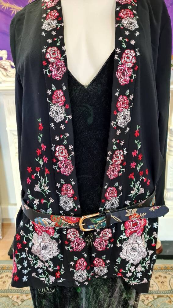 Vintage opera Coat 1920s flapper opera coat Art Deco coat embroidered oriental Asian soft black kimono duster coat UK 10 US 6