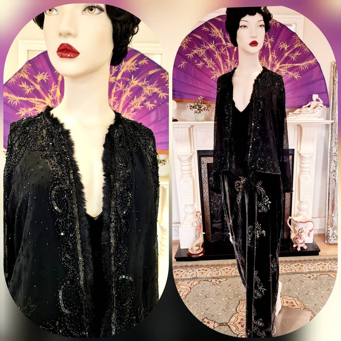 Vintage black silk 1920's Art Deco flapper embellished with beads embroidered beautiful evening short jacket UK 8 10 US 4 6