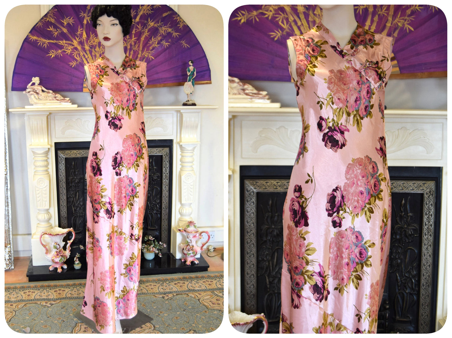 Oriental Silk Evening Gown Avant Garde Peach Pink Satin Floral Romantic liquid cocktail Down Dress Size UK 8 10 US 4 6