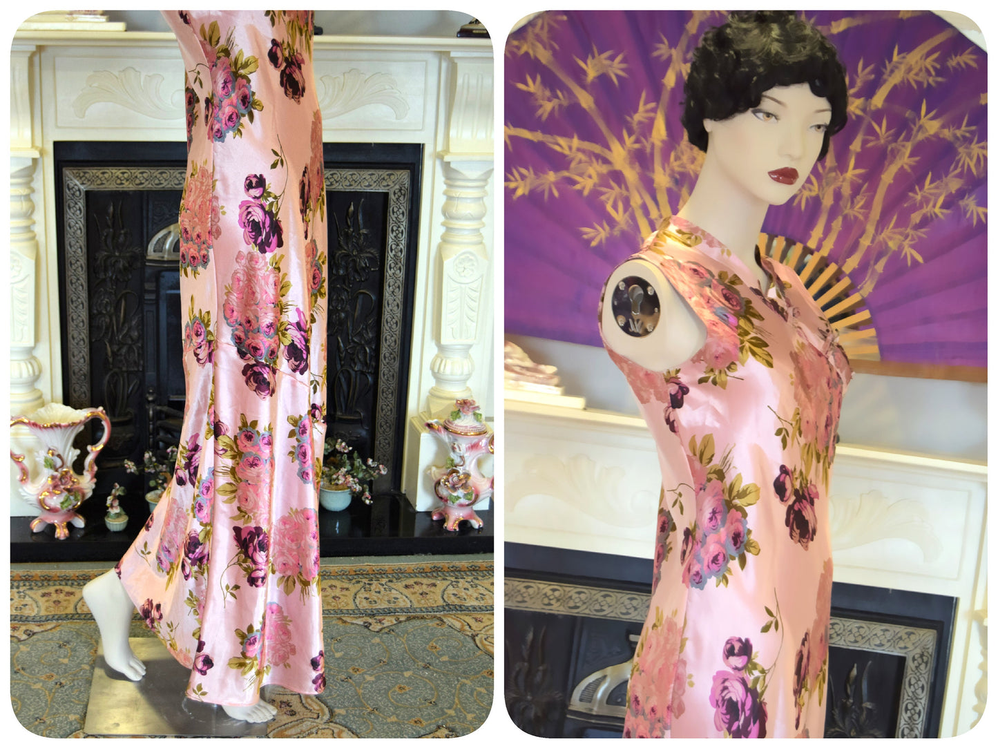 Oriental Silk Evening Gown Avant Garde Peach Pink Satin Floral Romantic liquid cocktail Down Dress Size UK 8 10 US 4 6