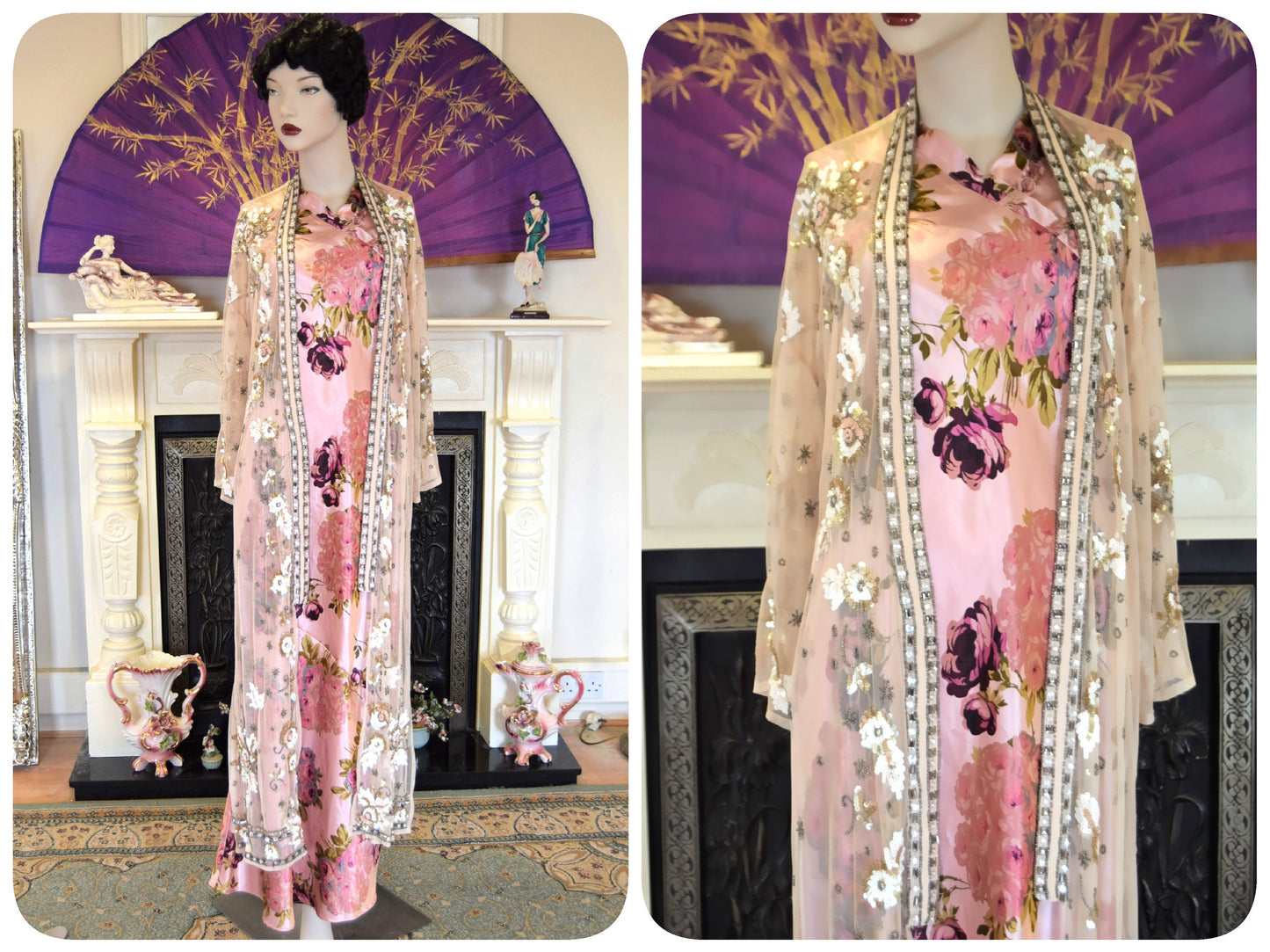 Oriental Silk Evening Gown Avant Garde Peach Pink Satin Floral Romantic liquid cocktail Down Dress Size UK 8 10 US 4 6