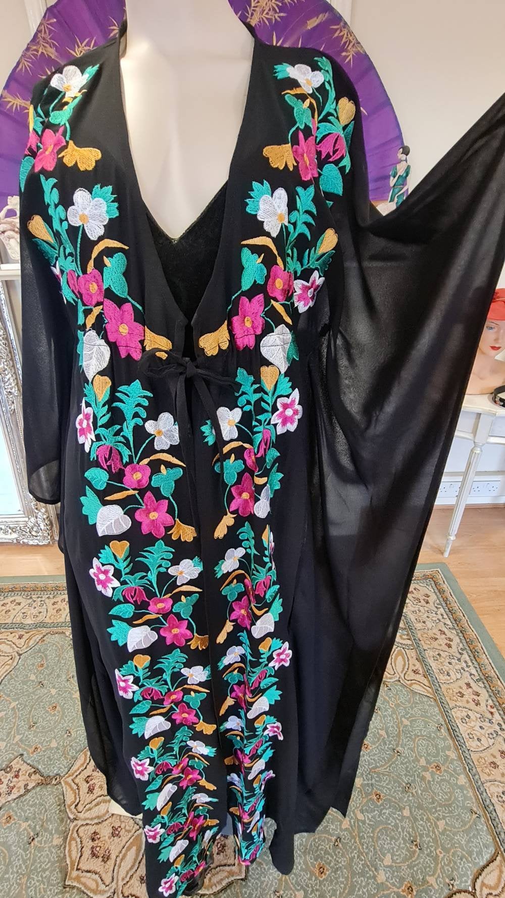 1970's Bohemian Sheer Kaftan 1920s flapper beach summer holiday Art Deco Miss Fisher kaftan duster dress size Uk 12 US 8
