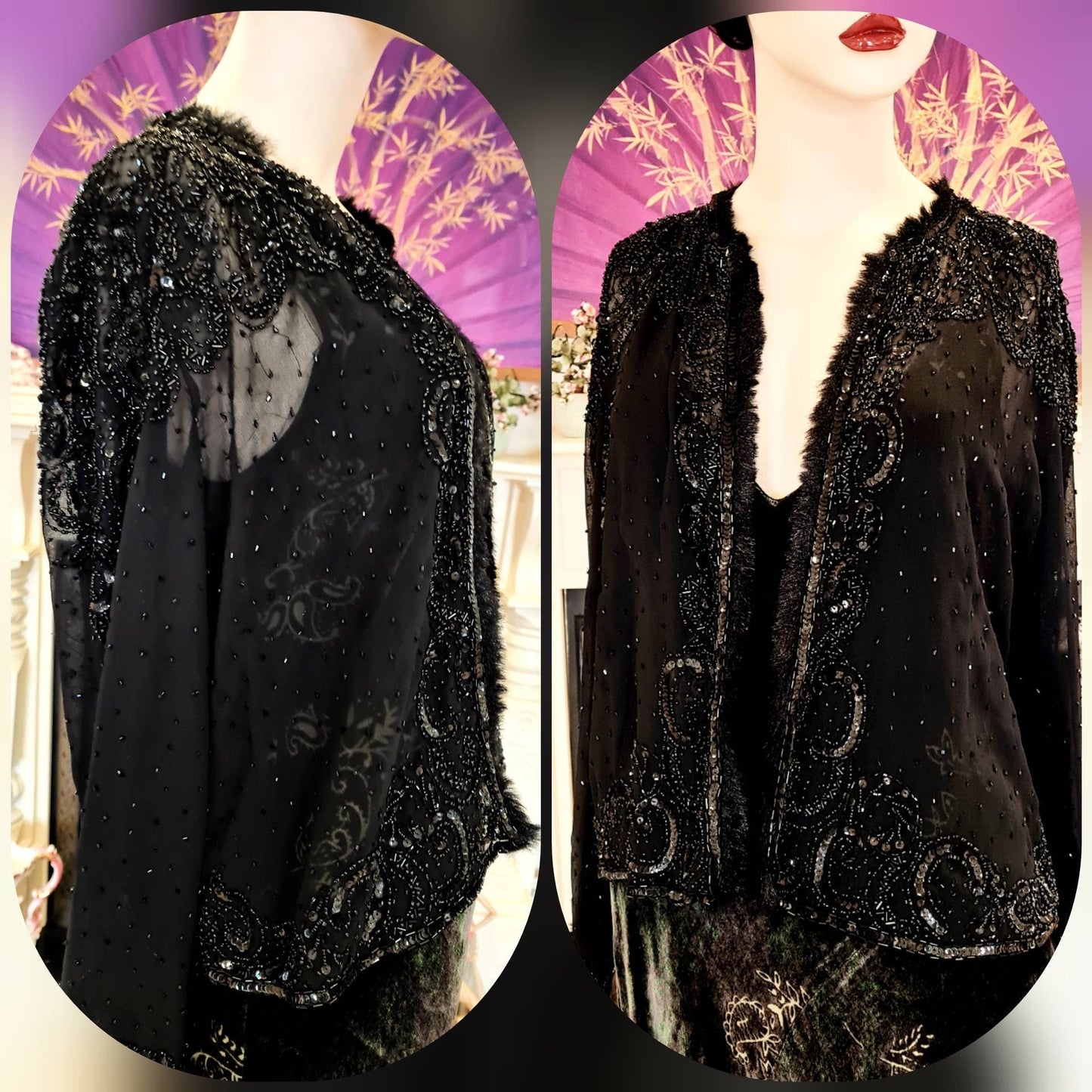 Vintage black silk 1920's Art Deco flapper embellished with beads embroidered beautiful evening short jacket UK 8 10 US 4 6