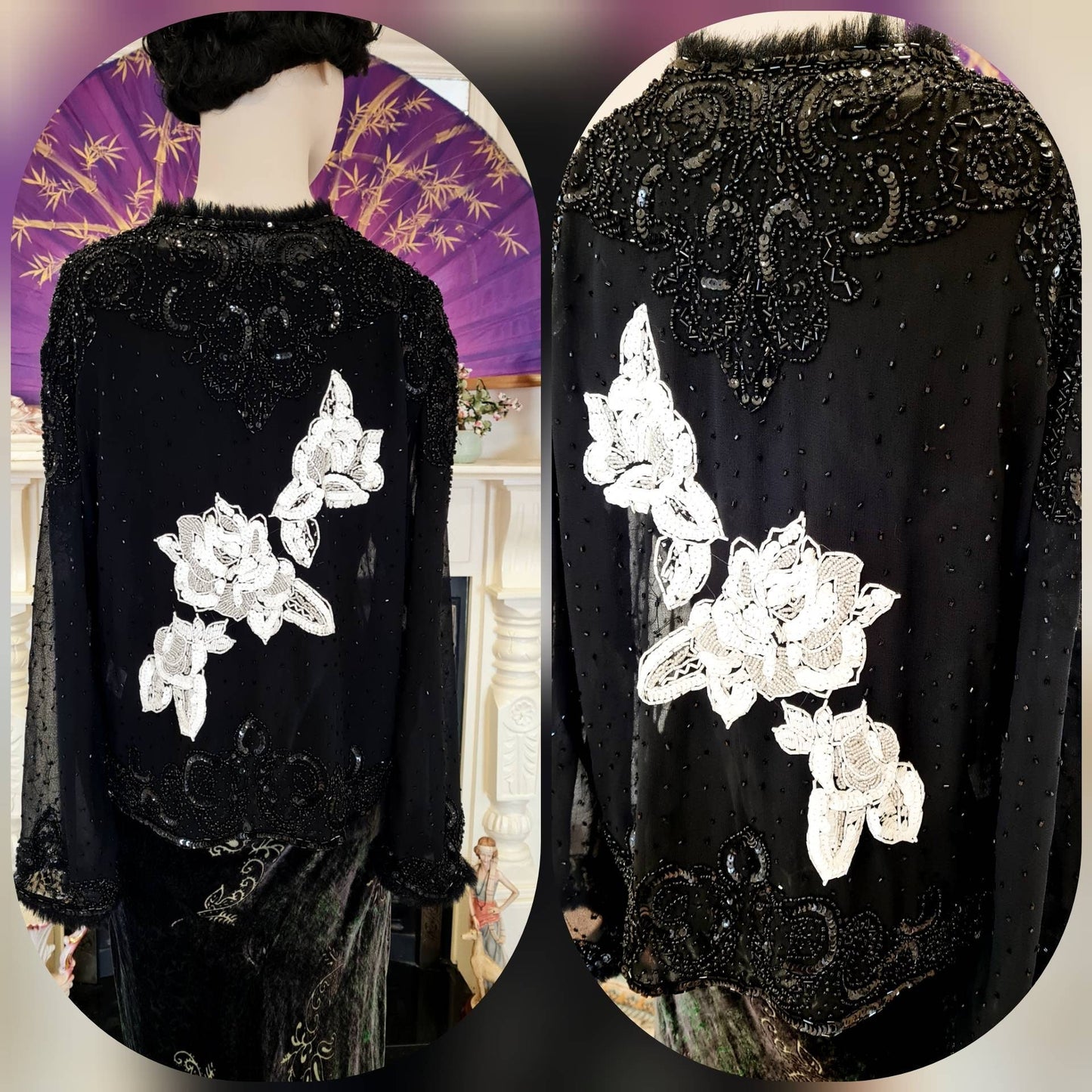 Vintage black silk 1920's Art Deco flapper embellished with beads embroidered beautiful evening short jacket UK 8 10 US 4 6