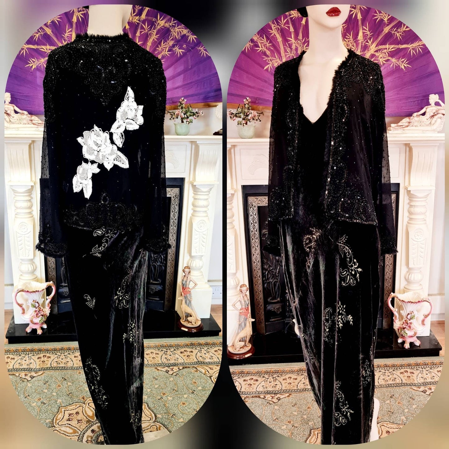 Vintage black silk 1920's Art Deco flapper embellished with beads embroidered beautiful evening short jacket UK 8 10 US 4 6