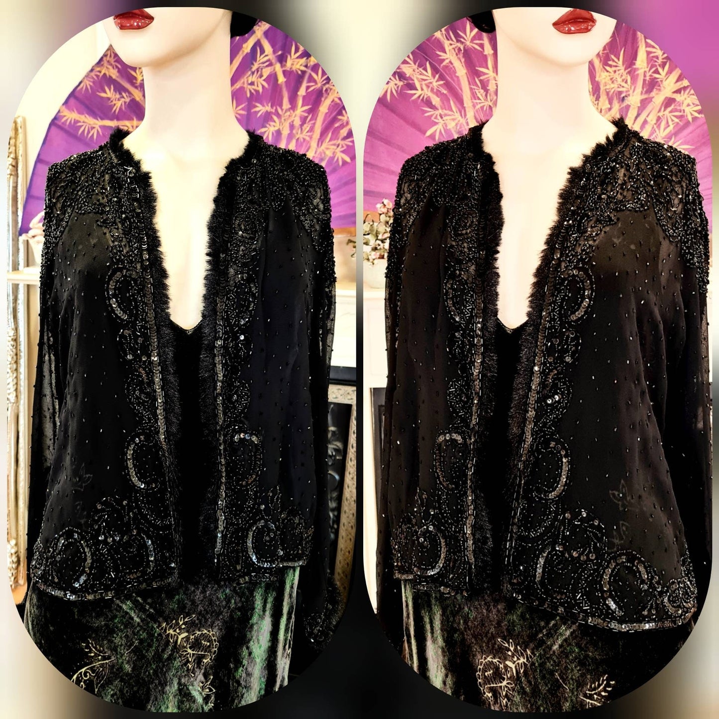 Vintage black silk 1920's Art Deco flapper embellished with beads embroidered beautiful evening short jacket UK 8 10 US 4 6