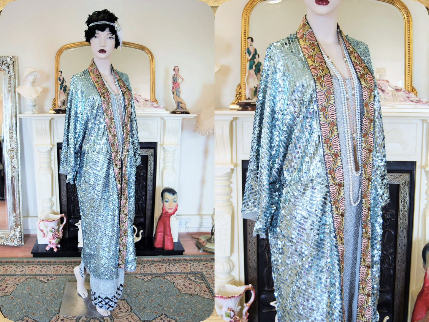 1920s vintage Downton Abbey flapper embellished sequinned mesh embroidered turquoise bohemian coat kimono duster size S UK 8 10 12 US 4 6 8