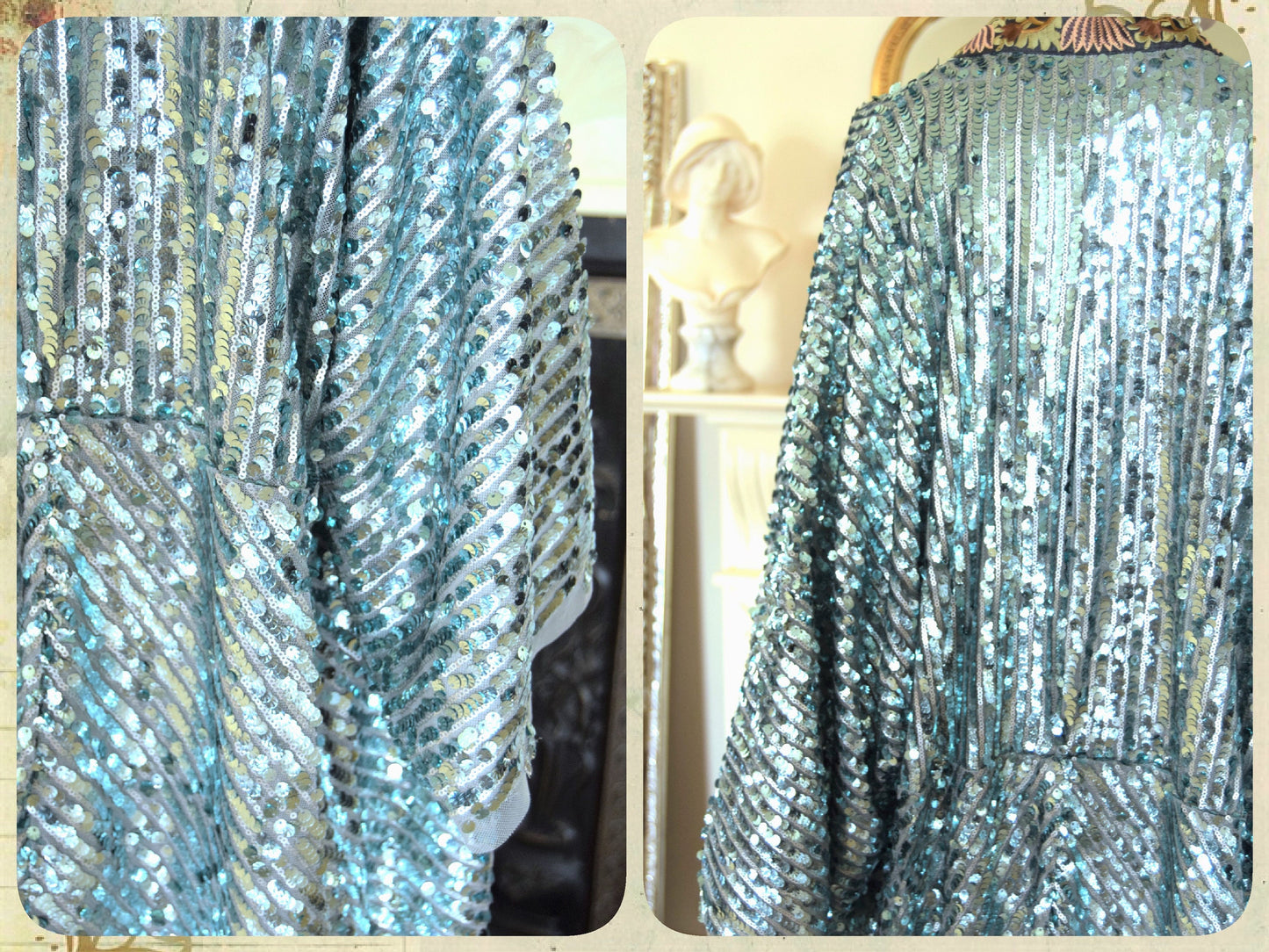 1920s vintage Downton Abbey flapper embellished sequinned mesh embroidered turquoise bohemian coat kimono duster size S UK 8 10 12 US 4 6 8