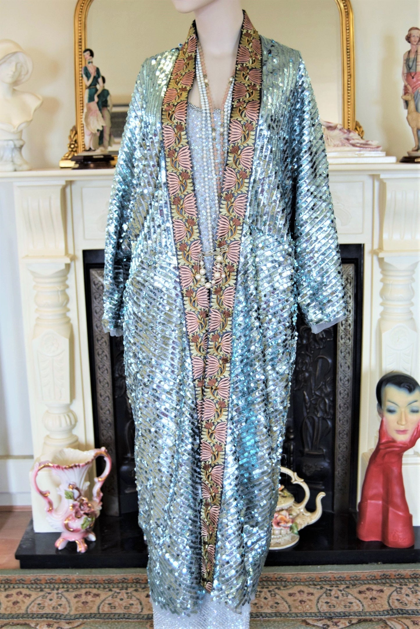 1920s vintage Downton Abbey flapper embellished sequinned mesh embroidered turquoise bohemian coat kimono duster size S UK 8 10 12 US 4 6 8