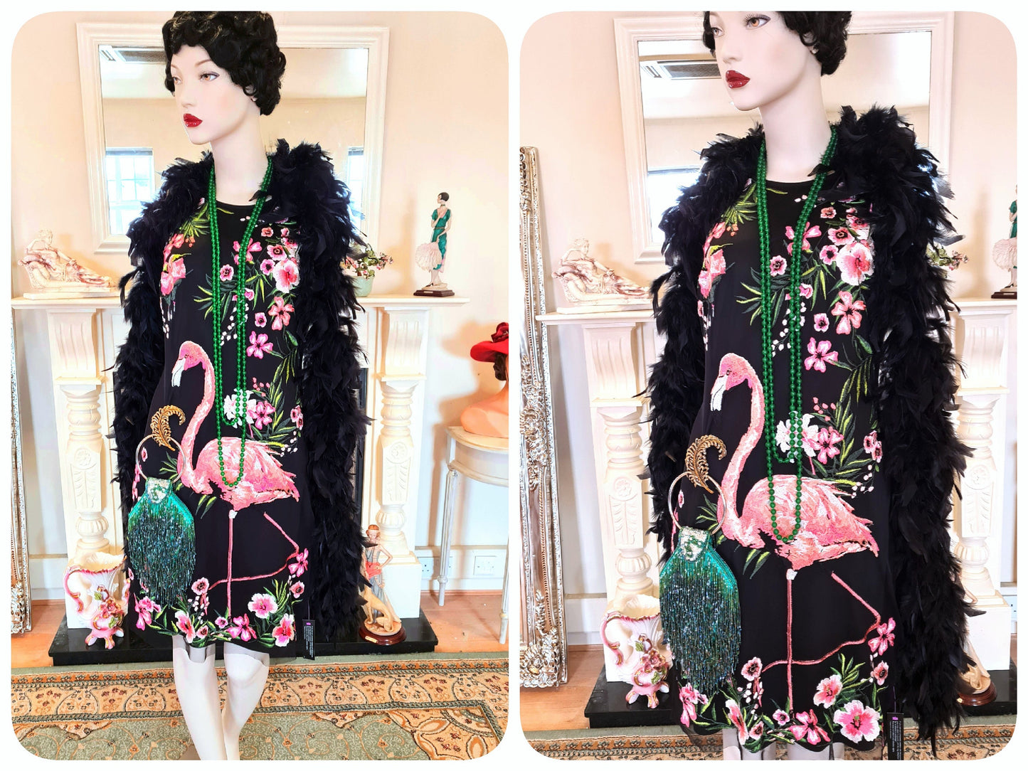 Rare Matthew Williamson summer vintage 1920s Great Gatsby flamingo kitch stunning embroidery black floral dress UK 10 12 US 6 8