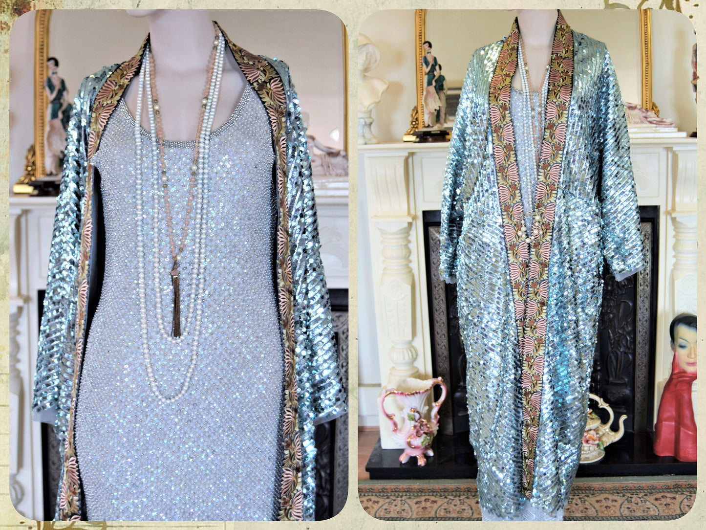1920s vintage Downton Abbey flapper embellished sequinned mesh embroidered turquoise bohemian coat kimono duster size S UK 8 10 12 US 4 6 8