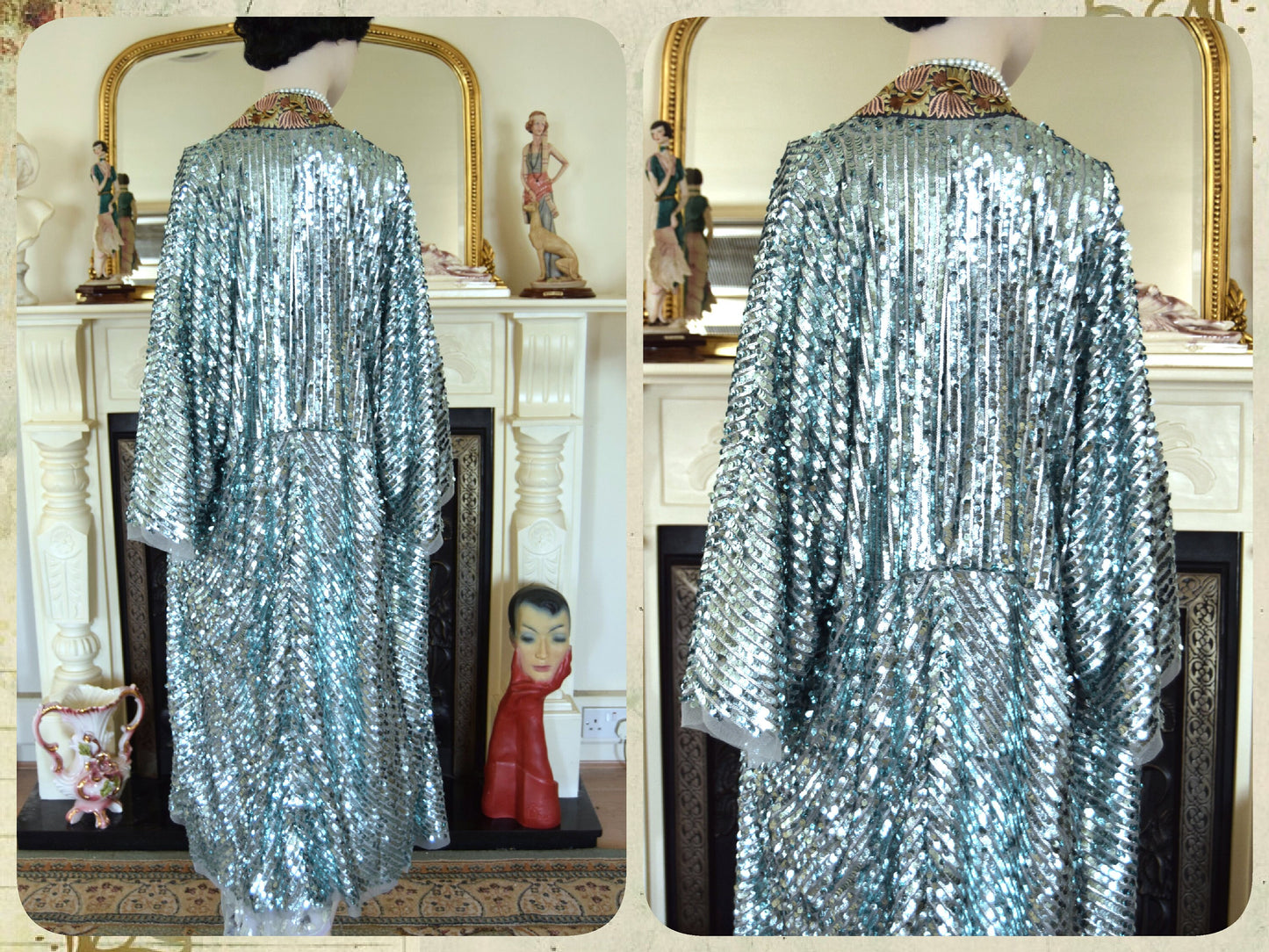 1920s vintage Downton Abbey flapper embellished sequinned mesh embroidered turquoise bohemian coat kimono duster size S UK 8 10 12 US 4 6 8