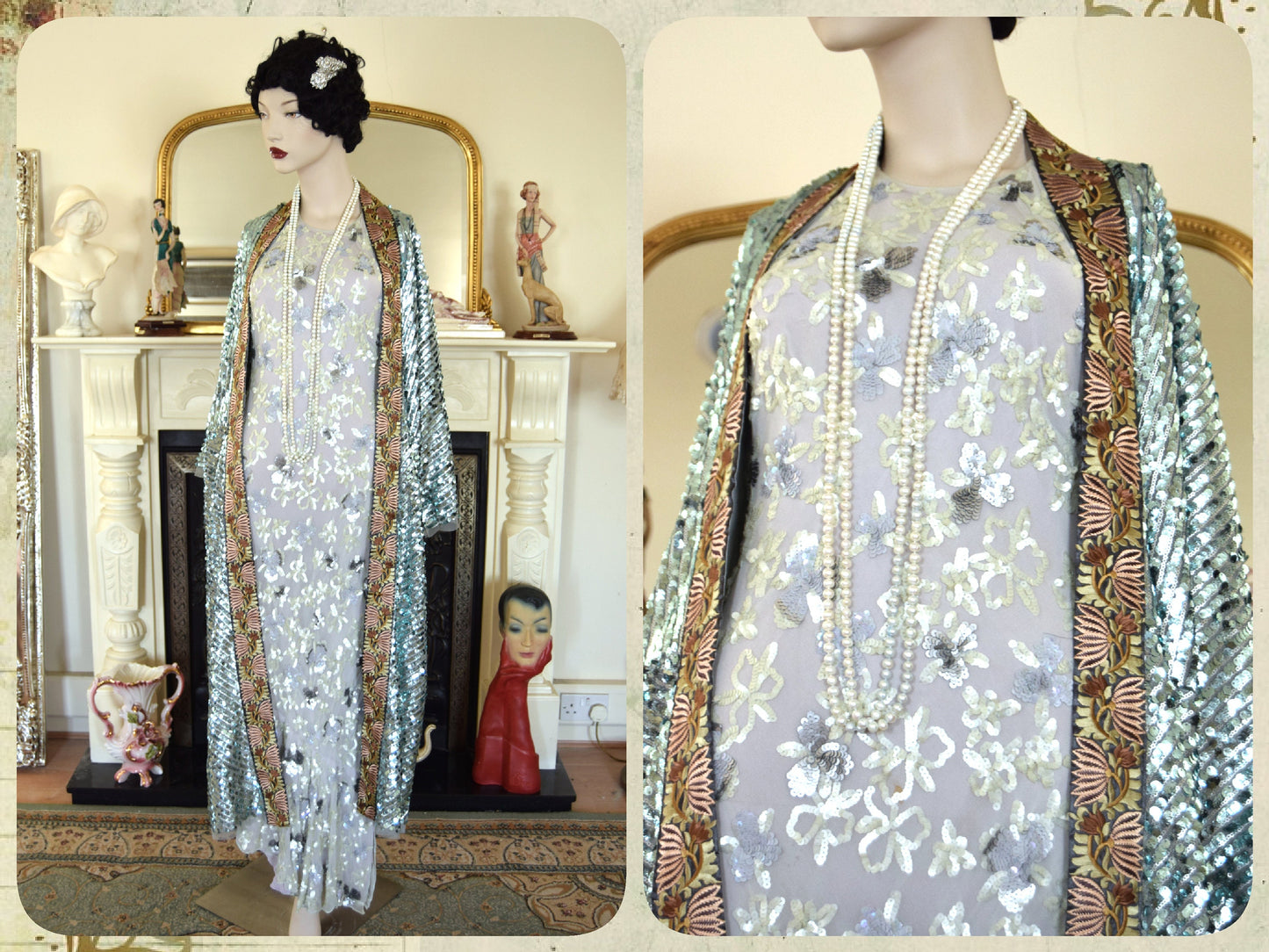 1920s vintage Downton Abbey flapper embellished sequinned mesh embroidered turquoise bohemian coat kimono duster size S UK 8 10 12 US 4 6 8