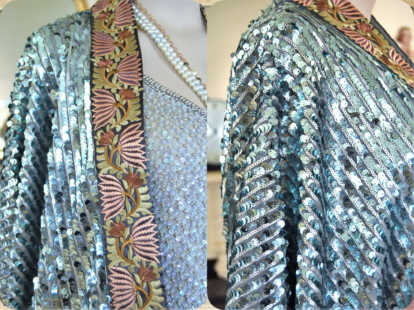 1920s vintage Downton Abbey flapper embellished sequinned mesh embroidered turquoise bohemian coat kimono duster size S UK 8 10 12 US 4 6 8