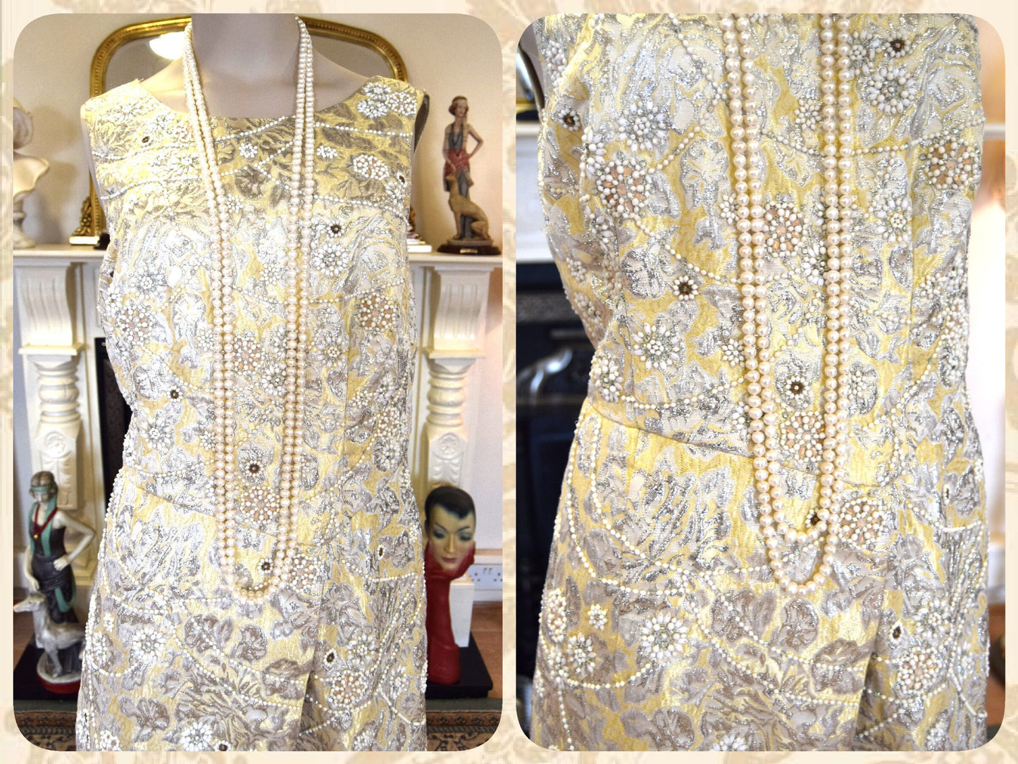Outstanding vintage mesmerising gold Lame jacquar beaded embellished luxurious Great Gatsby metallic 1920s dress size UK 8 10 US 4 6