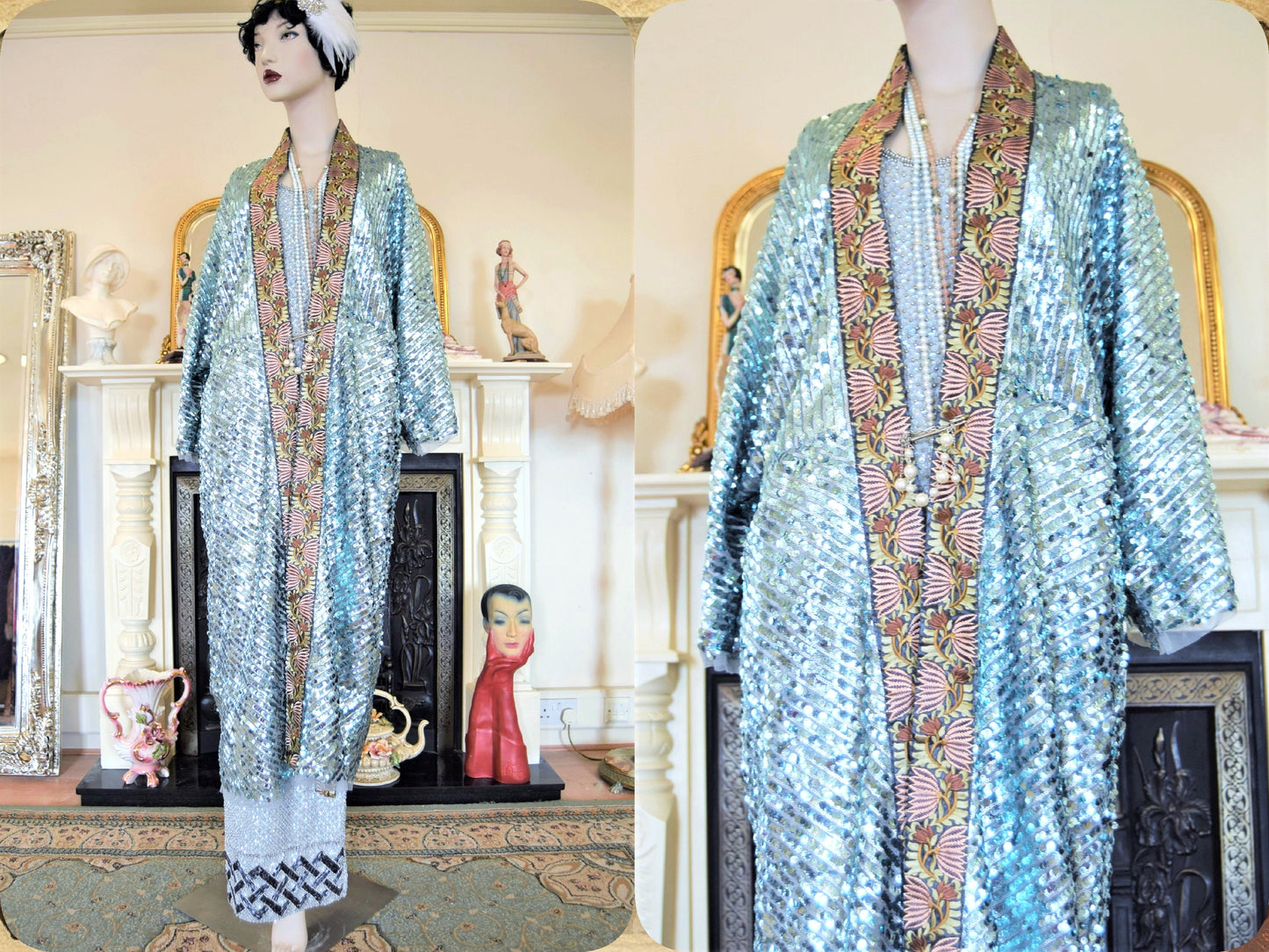 1920s vintage Downton Abbey flapper embellished sequinned mesh embroidered turquoise bohemian coat kimono duster size S UK 8 10 12 US 4 6 8