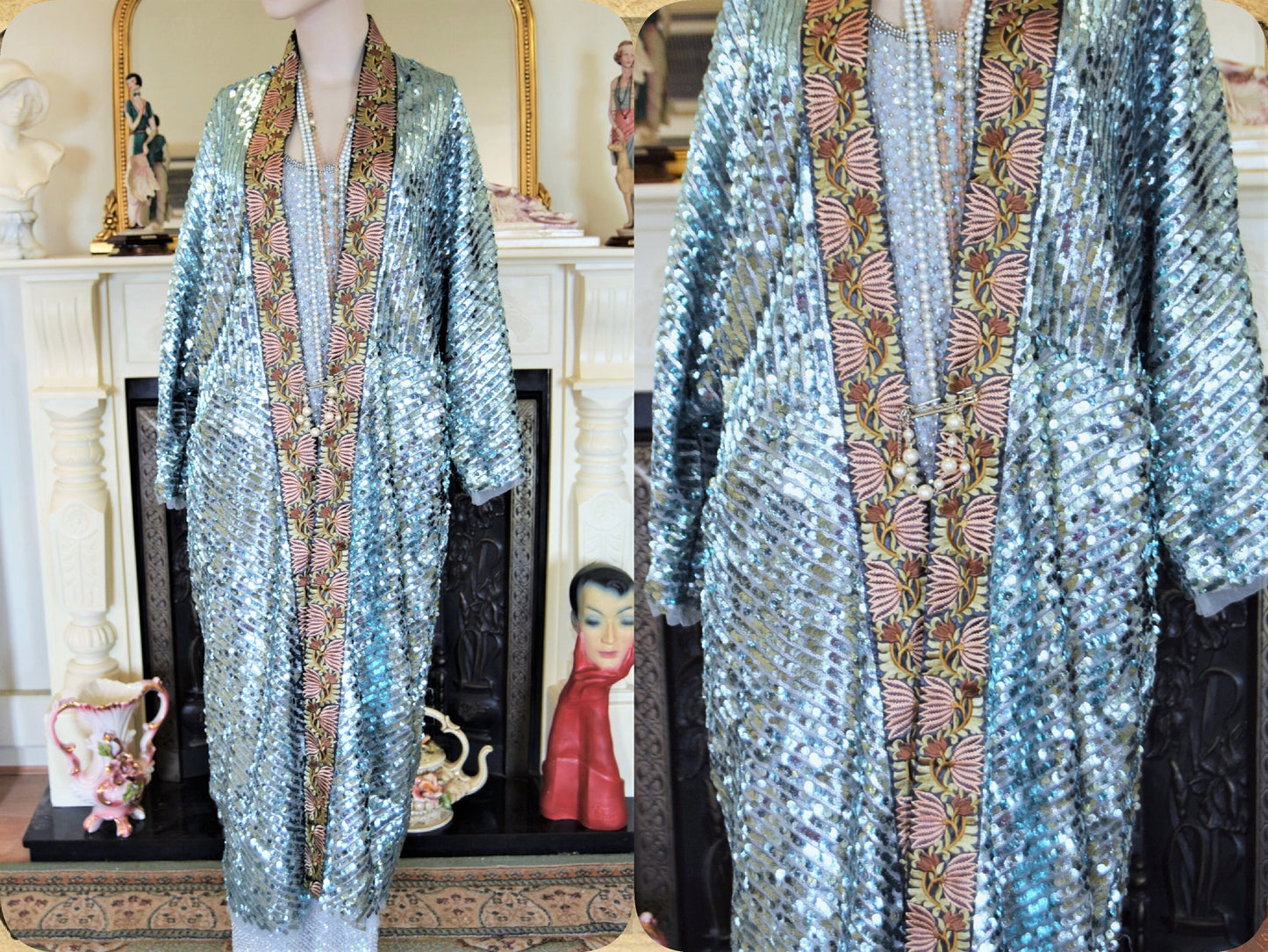1920s vintage Downton Abbey flapper embellished sequinned mesh embroidered turquoise bohemian coat kimono duster size S UK 8 10 12 US 4 6 8