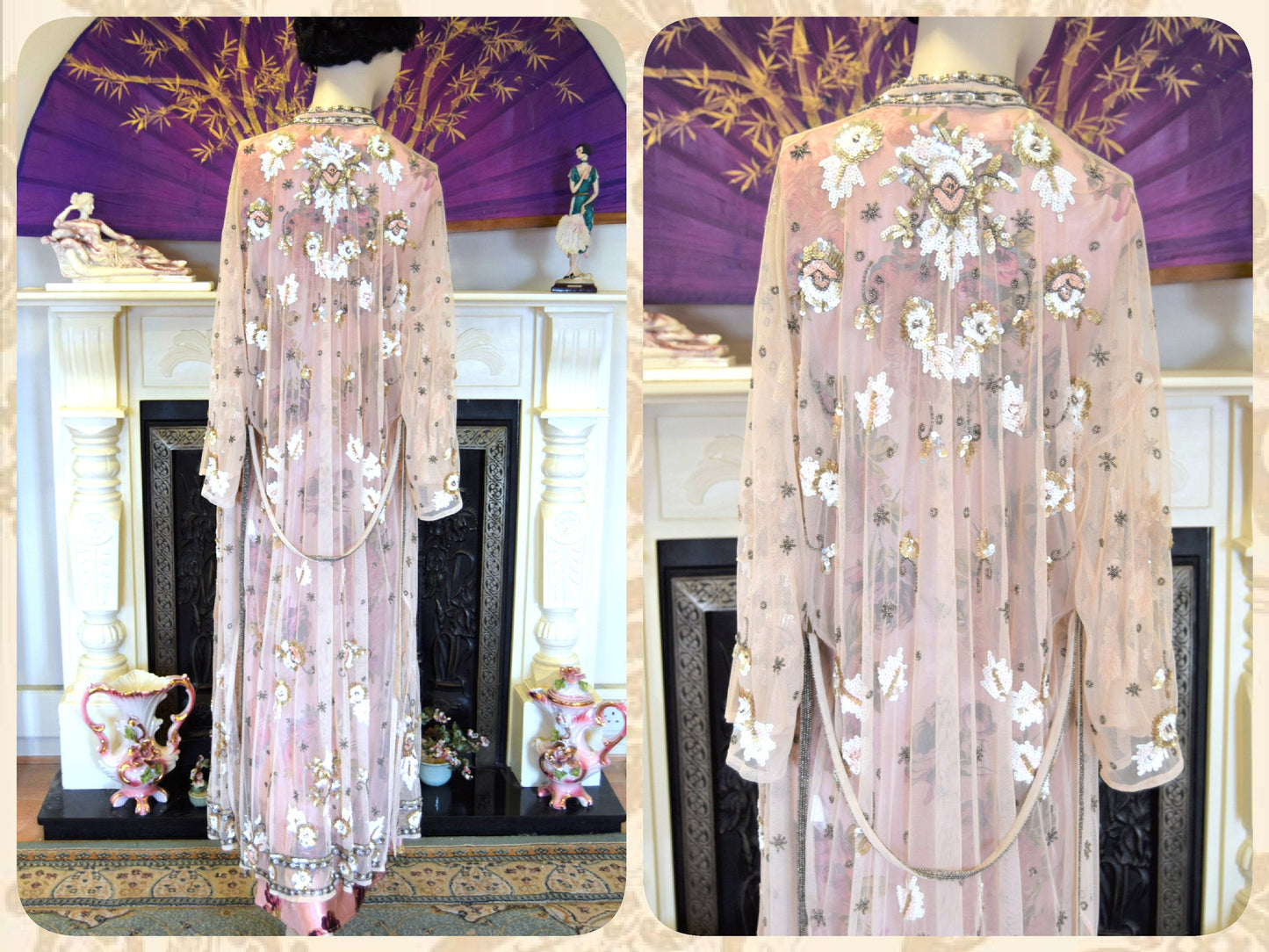 Oriental Silk Evening Gown Avant Garde Peach Pink Satin Floral Romantic liquid cocktail Down Dress Size UK 8 10 US 4 6
