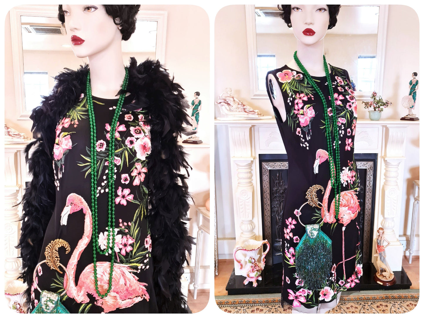 Rare Matthew Williamson summer vintage 1920s Great Gatsby flamingo kitch stunning embroidery black floral dress UK 10 12 US 6 8