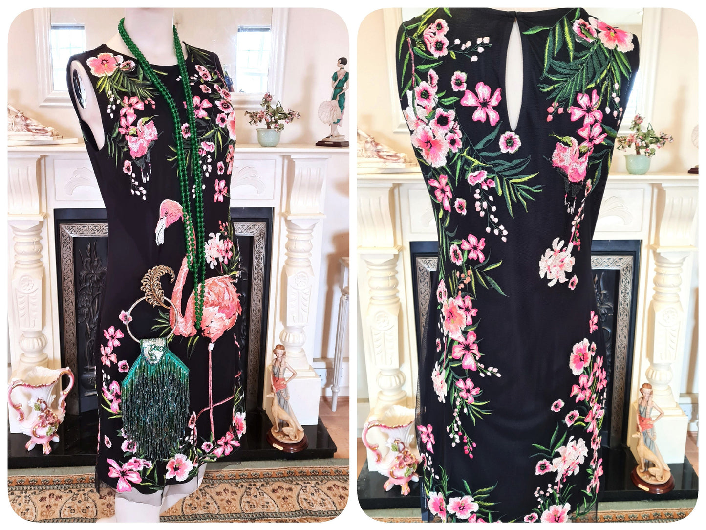 Rare Matthew Williamson summer vintage 1920s Great Gatsby flamingo kitch stunning embroidery black floral dress UK 10 12 US 6 8