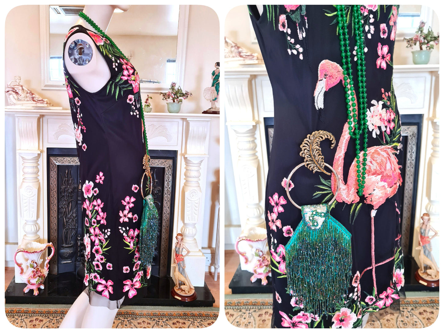 Rare Matthew Williamson summer vintage 1920s Great Gatsby flamingo kitch stunning embroidery black floral dress UK 10 12 US 6 8