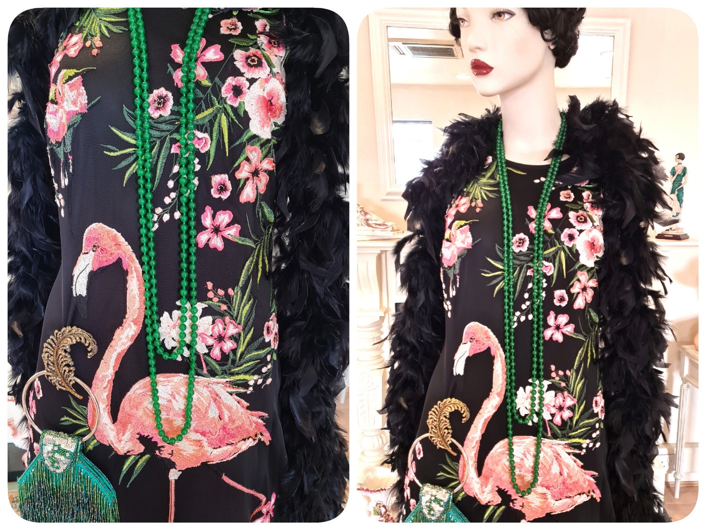 Rare Matthew Williamson summer vintage 1920s Great Gatsby flamingo kitch stunning embroidery black floral dress UK 10 12 US 6 8