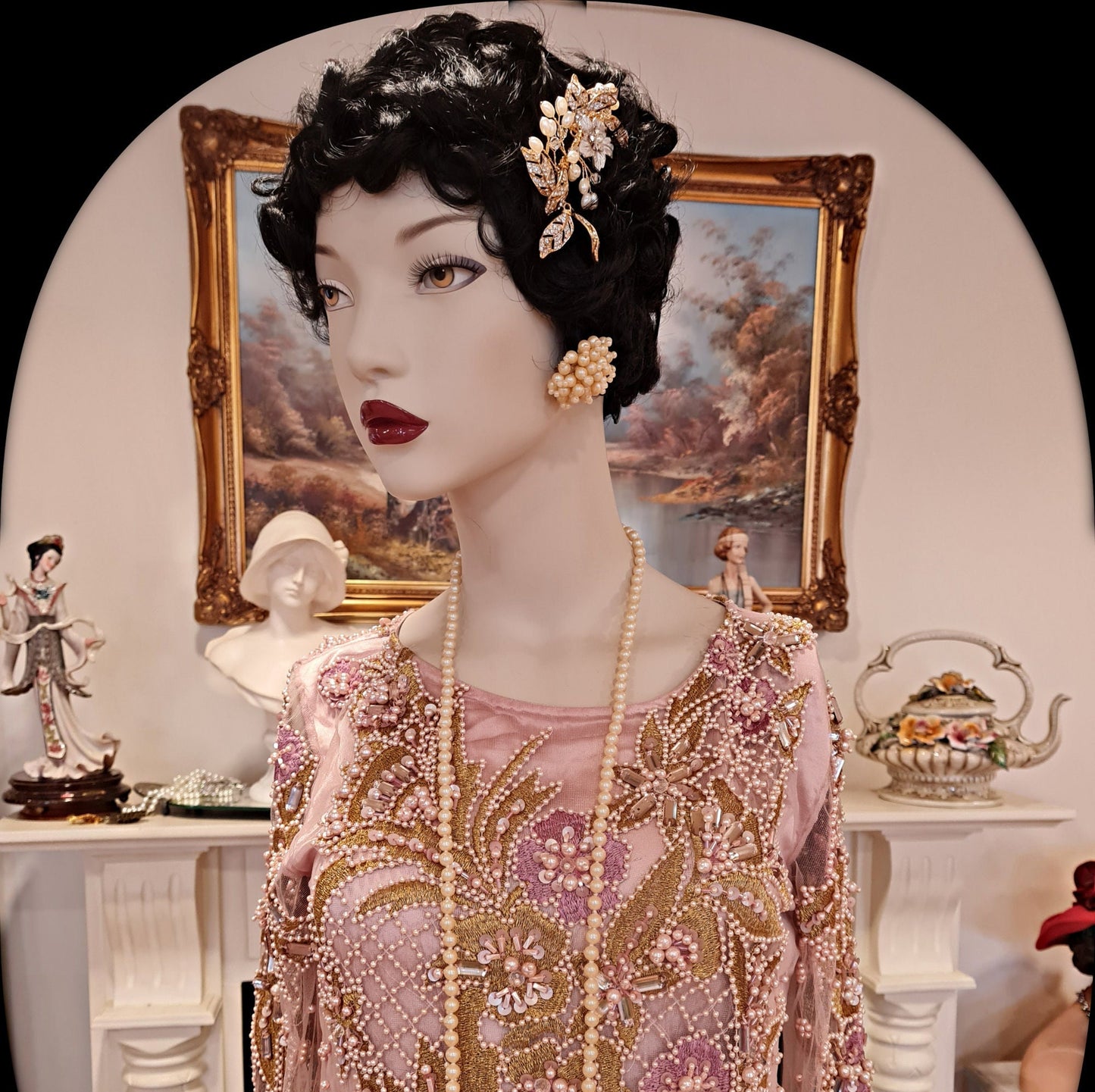 Beautiful 1920s 1930s romantic headband ethereal floral bridal gold with rhinestones and antique pearls floral pin hand made headpiece