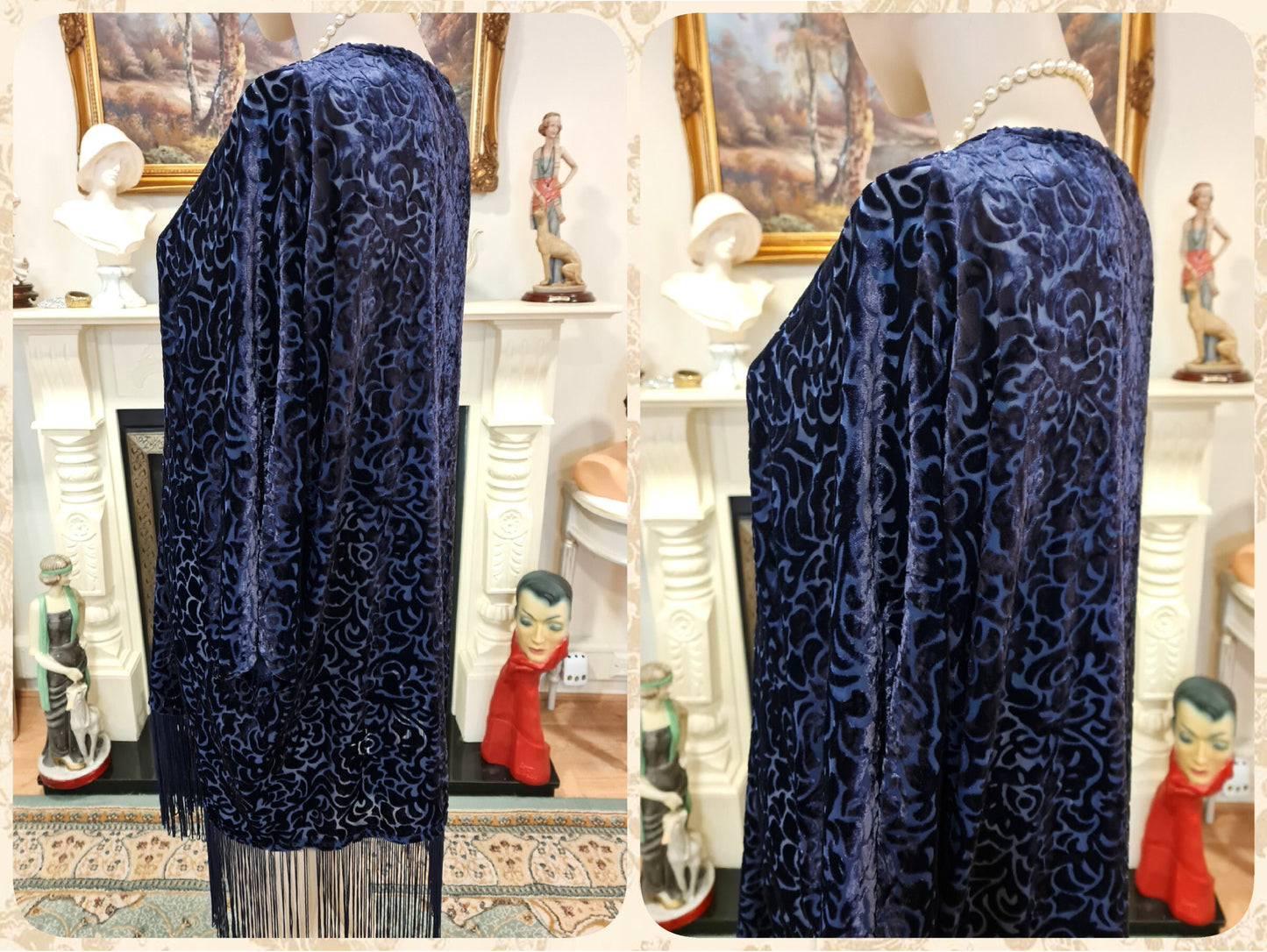 vintage navy blue oriental damask silk-devore velvet duster Art Deco 1920s flapper kimono fringe tassels 1920s blazer UK 10 12 US 6 8 10