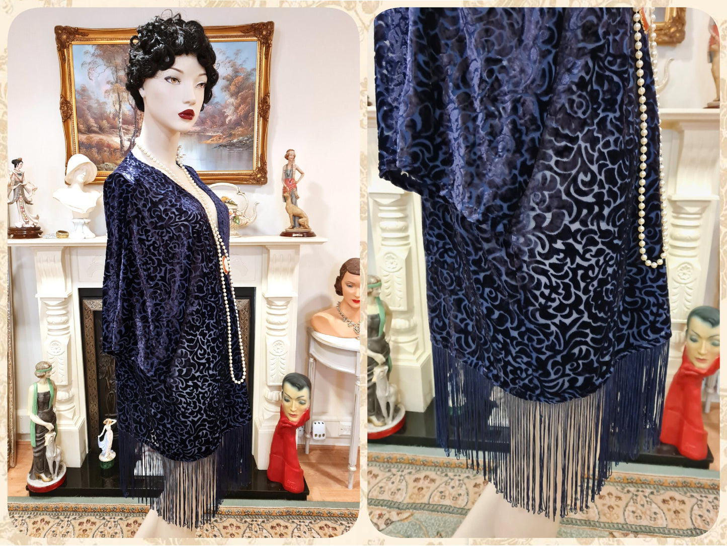 vintage navy blue oriental damask silk-devore velvet duster Art Deco 1920s flapper kimono fringe tassels 1920s blazer UK 10 12 US 6 8 10