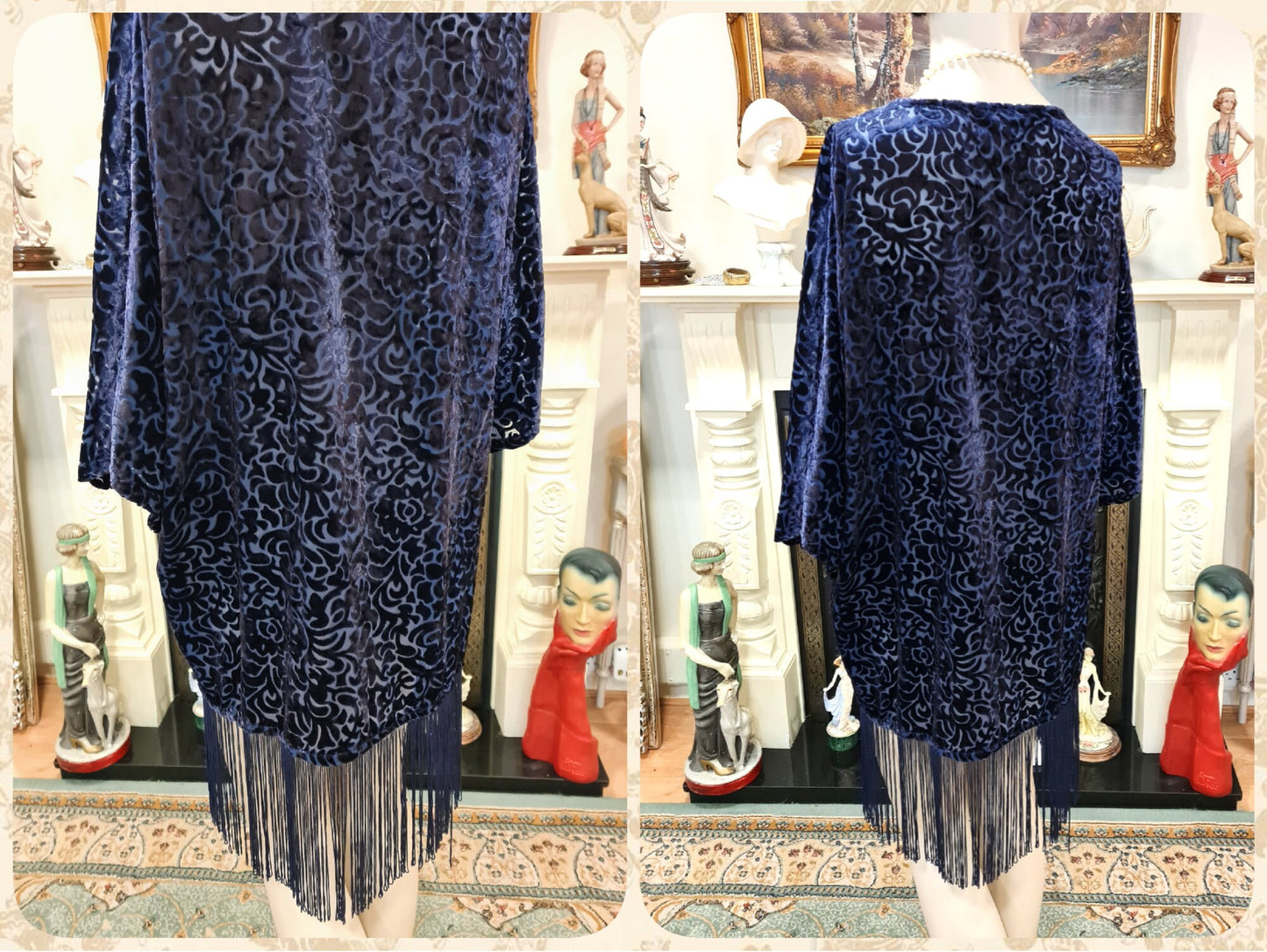 vintage navy blue oriental damask silk-devore velvet duster Art Deco 1920s flapper kimono fringe tassels 1920s blazer UK 10 12 US 6 8 10