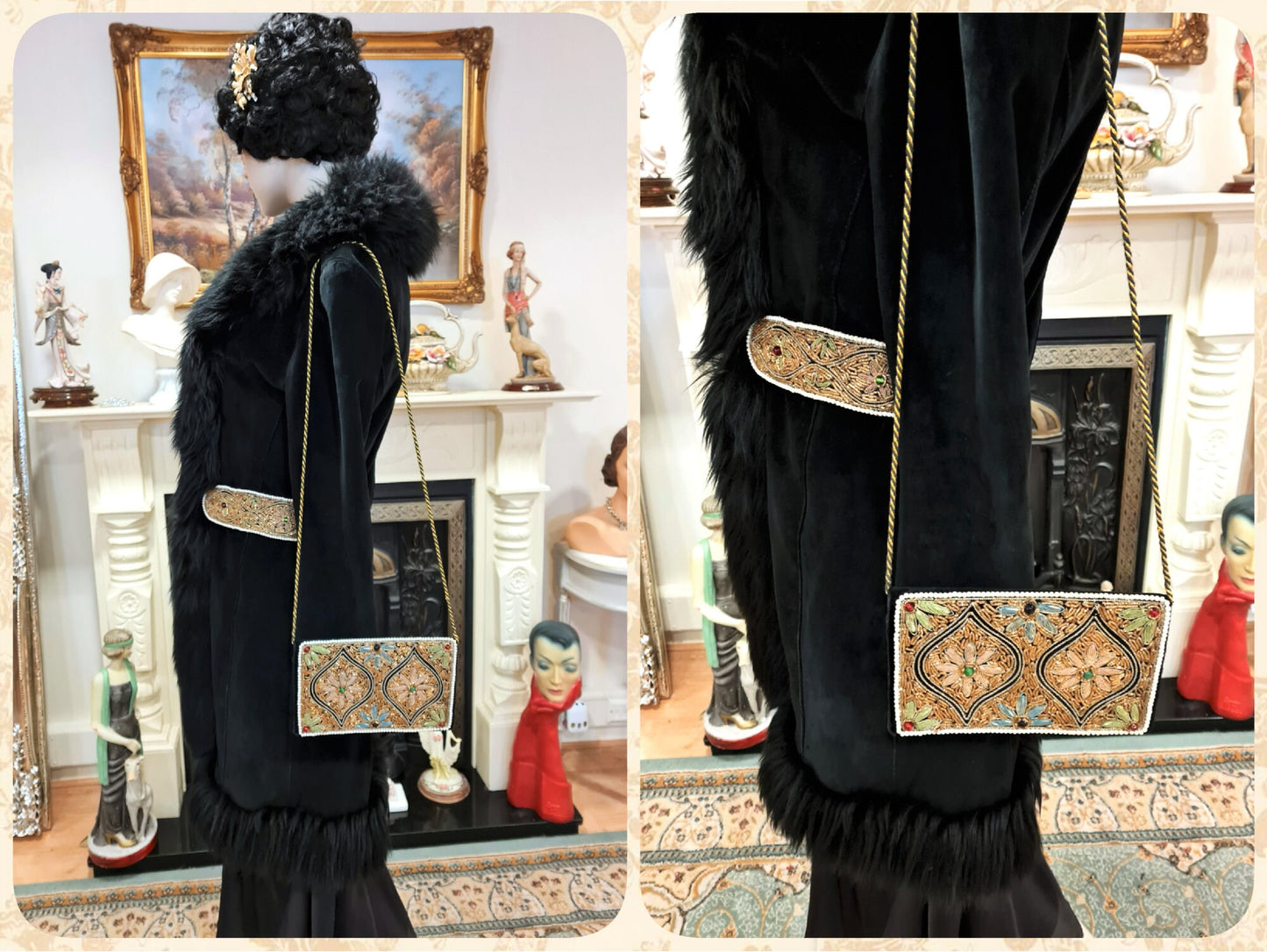 Vintage Penny Lane 1970s Beautiful thick embroidered Long Lamb Mongolian fur hippy bohemian gypsy winter blacksuede coat UK 8 US 4 Small