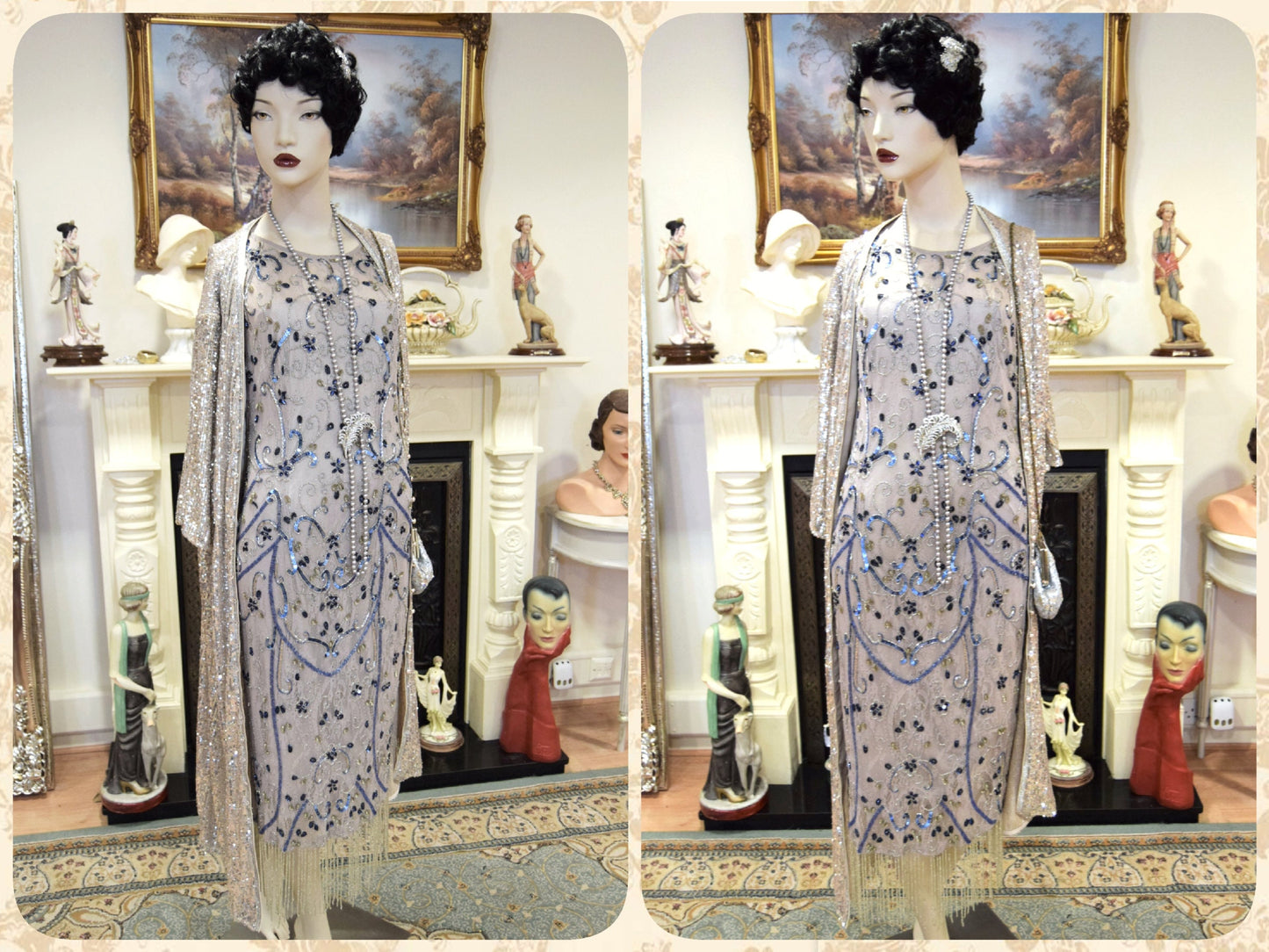 1920s vintage Downton Abbey flapper sequinned mesh silver sparkly bohemian coat kimono duster dress size S UK 8 10 US 4 6