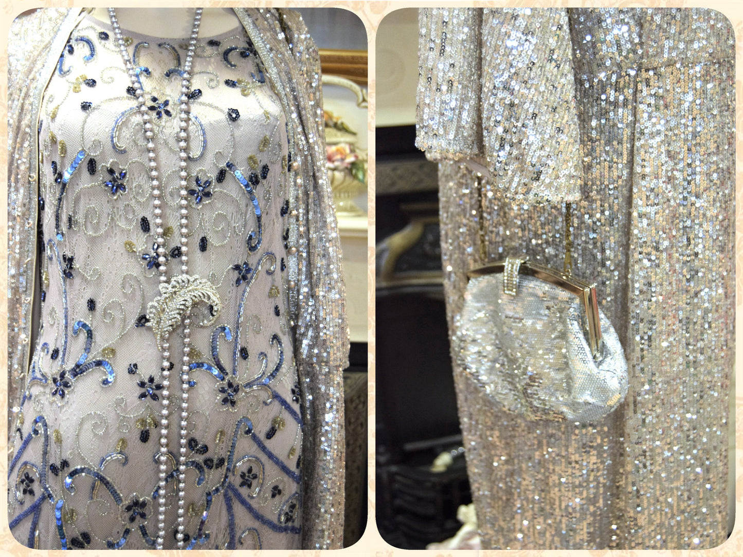 1920s vintage Downton Abbey flapper sequinned mesh silver sparkly bohemian coat kimono duster dress size S UK 8 10 US 4 6
