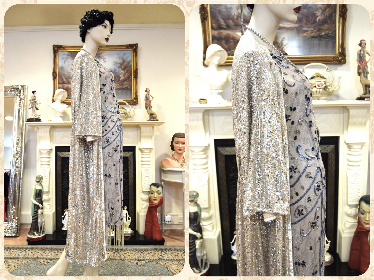 1920s vintage Downton Abbey flapper sequinned mesh silver sparkly bohemian coat kimono duster dress size S UK 8 10 US 4 6