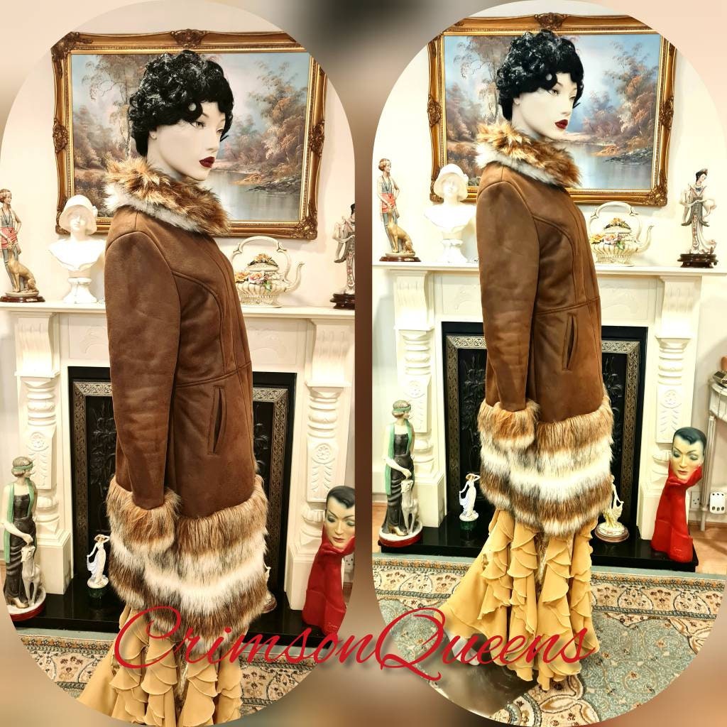 Vintage 1980s British designer Ronit Zilkha Afghan coat vintage faux suede coat luxurious bohemian brown coat very warm size UK 10 12 US 6 8