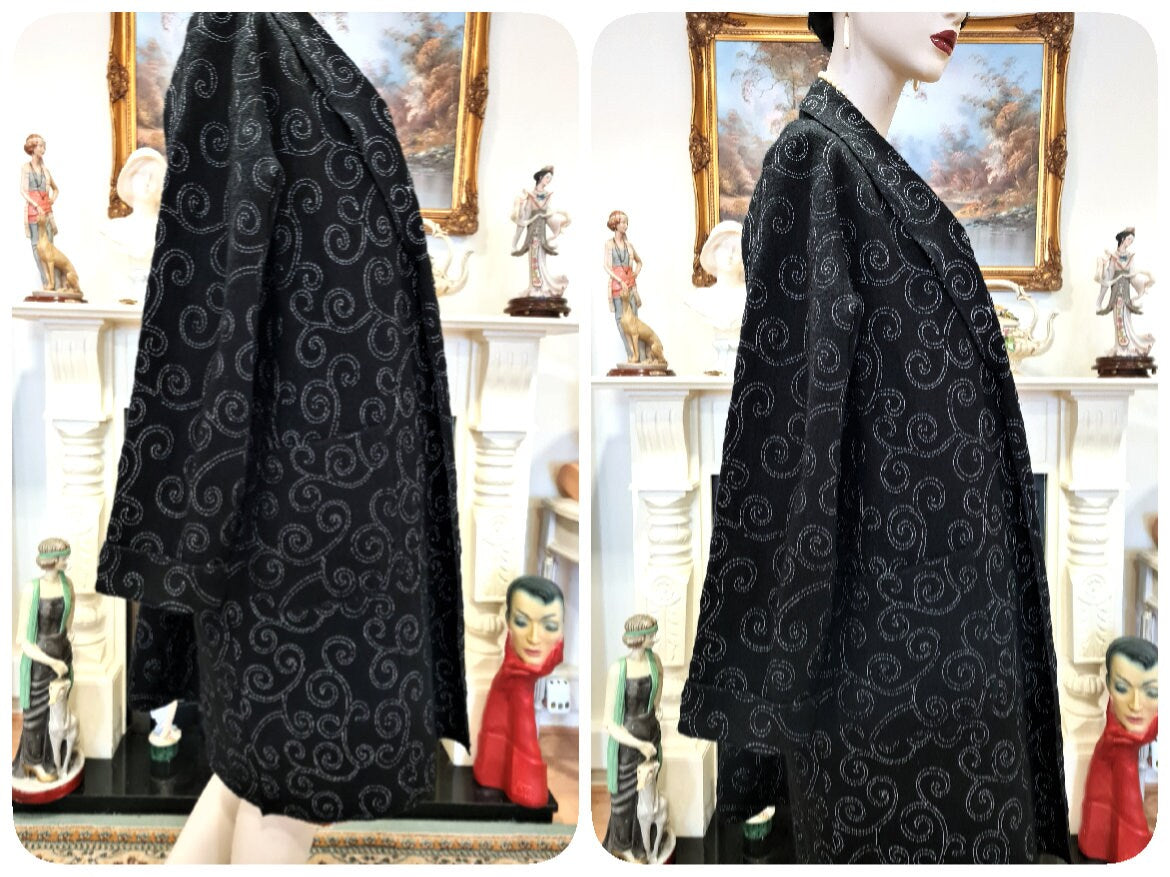 vintage 100% supreme quality woolen opera coat cocoon coat 1920s avant garde swirl embroidered pattern retro size uk 8 uk10 US 6 US 4