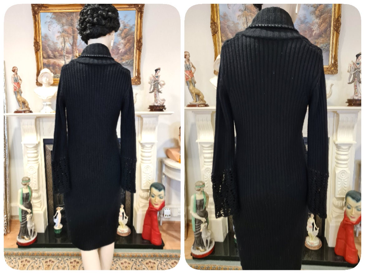 vintage 100% supreme quality black woolen crochet coat 1920s avant garde retro finished with natural soft leather size uk 8 US 4