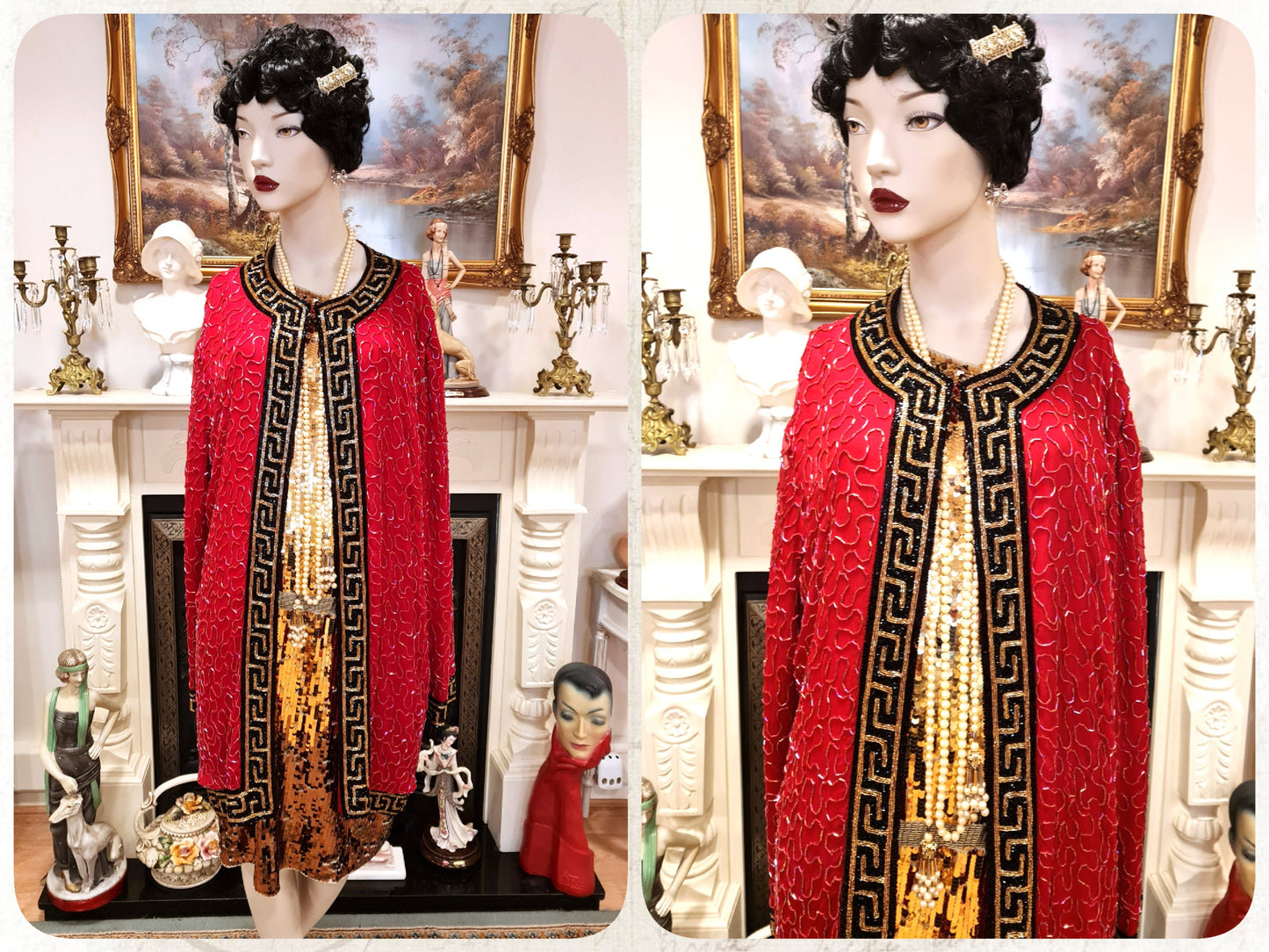 Vintage 100% silk Red Art Deco Avant Garde 1920's flapper Charleston coat Long Jacket Kimono Duster Wrap size UK 14 16US 10 12