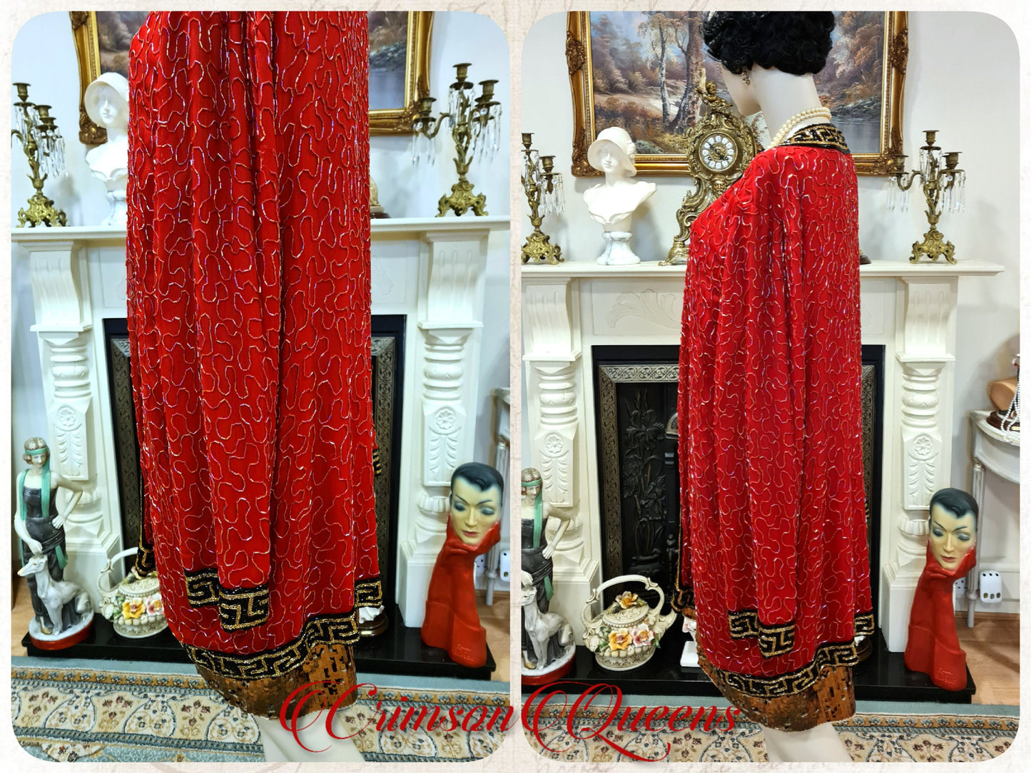Vintage 100% silk Red Art Deco Avant Garde 1920's flapper Charleston coat Long Jacket Kimono Duster Wrap size UK 14 16US 10 12